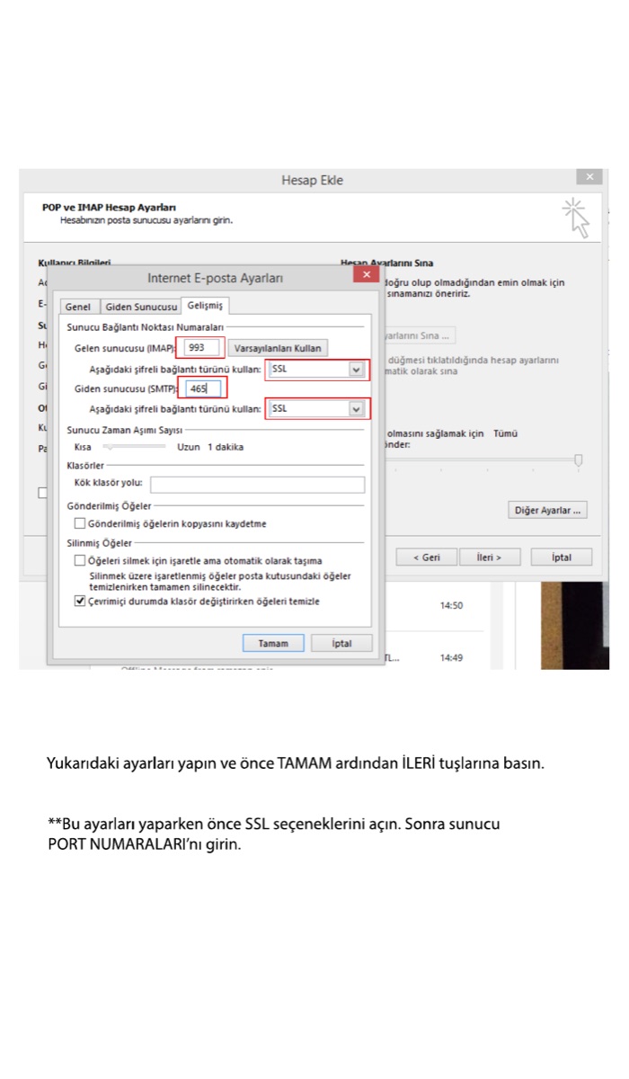 Outlook gelişmiş port ayarları